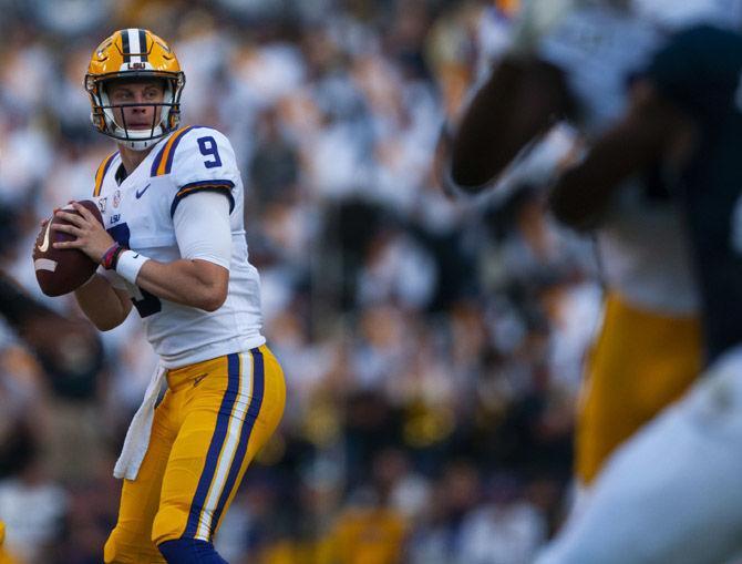 LSU senior quarterback Joe Burrow (9) prepares to pass the ball during the Tigers' 55-3 victory over Georgia Southern on Saturday, Aug. 31, 2019, at Tiger Stadium.