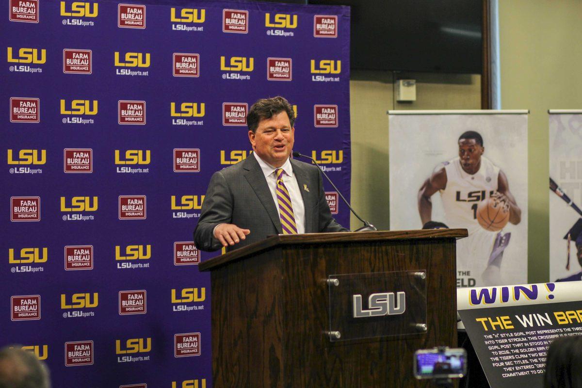 LSU athletic director Scott Woodward holds an introductory press conference in the Journalism Building on Tuesday, April 23, 2019.