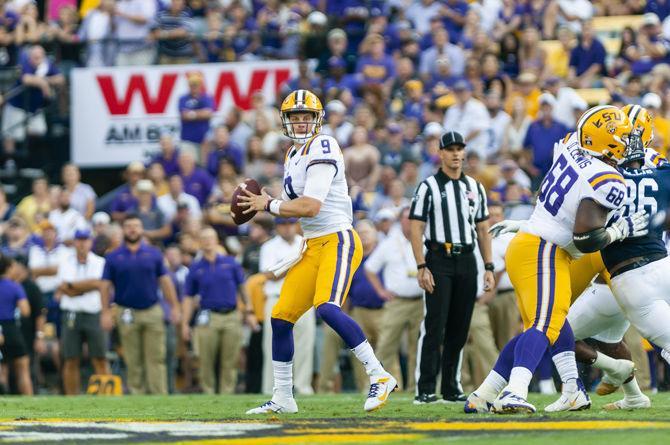 LSU senior quarterback Joe Burrow (9) throws the ball during the Tigers' game against Georgia Southern on Saturday, Aug. 31, 2019, at Tiger Stadium.