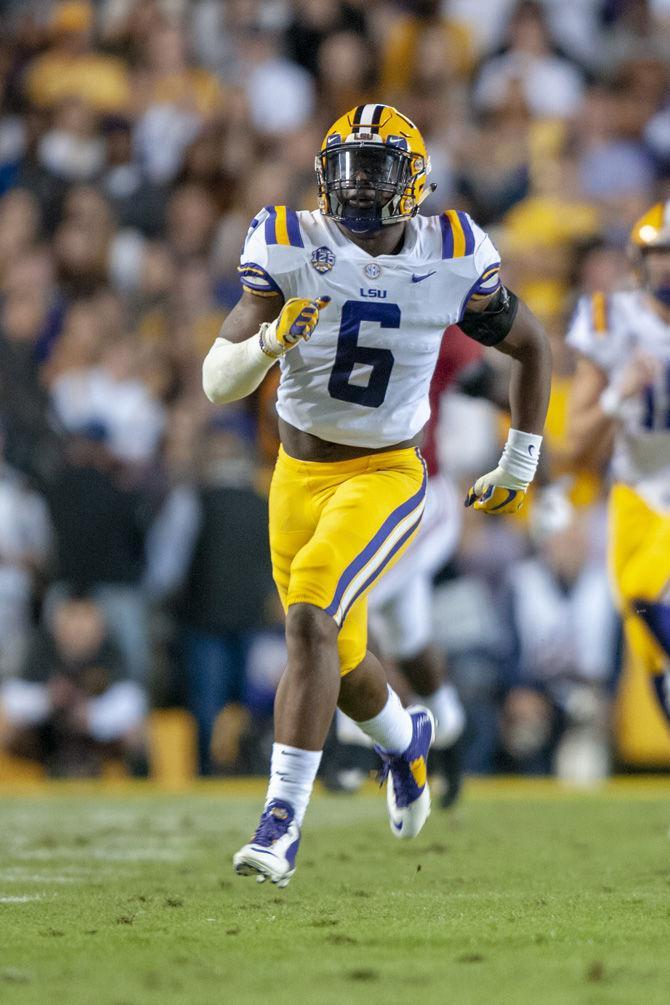 LSU sophomore linebacker Jacob Phillips (6) runs the field during the Tigers&#8217; 29-0 loss against Alabama on Saturday, Nov. 3, 2018, in Tiger Stadium.