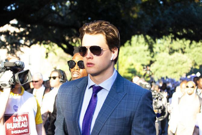 LSU junior quarterback Joe Burrow (9) marches down Victory Hill before the Alabama game at Victory Hill on Saturday, Nov. 3, 2018.