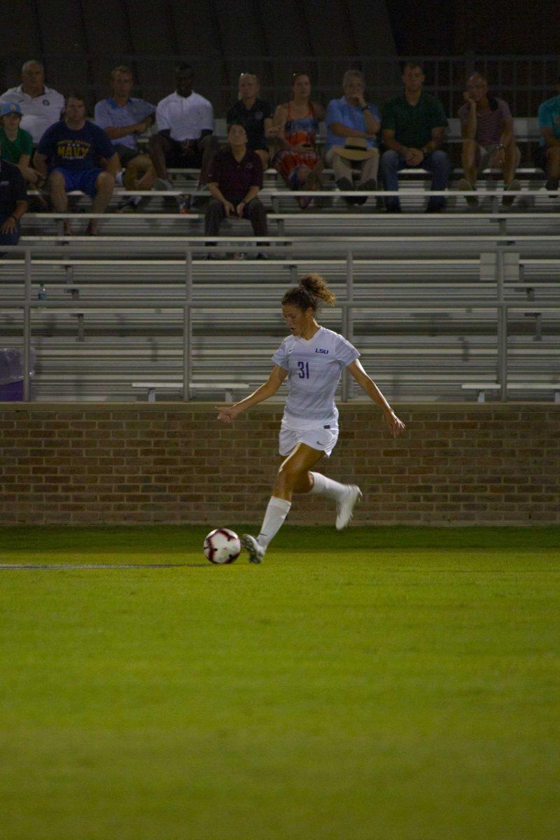 LSU sophomore forward Meghan Johnson (31) dribbles the ball on Friday, Aug. 30, 2019 during the Tigers' 1-0 victory against McNeese in the LSU Soccer Stadium.