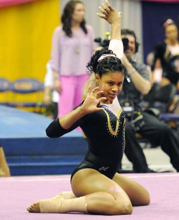 LSU senior all-around Britney Taylor finishes her floor routine March 8, 2013, during the Tigers' 197.500-197.725 loss against Alabama at the PMAC.