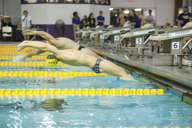 LSU sophomore Matthew Klotz starts off the means 200 yard backstroke race strong during the Tigers&#8217; swimming and diving meet against Loyola and Tulane on Friday, Sept. 29, 2017, at the LSU Natatorium.