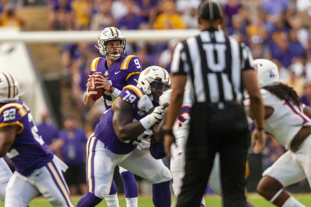 LSU senior quarterback Joe Burrow (9) throws the ball during the Tigers' game against Northwestern State on Saturday, Sept. 14, 2019, in Tiger Stadium.