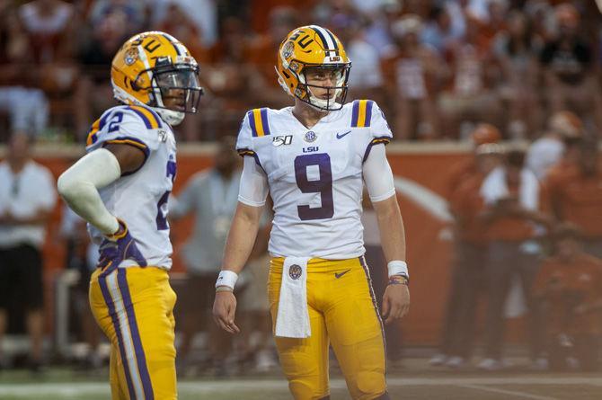 LSU junior wide receiver Justin Jefferson (2) and LSU senior quarterback Joe Burrow (9) approach the line of scrimmage during the Tigers' 45-38 victory over Texas on Saturday, Sept. 7, 2019, at Darrell K Royal&#8211;Texas Memorial Stadium.