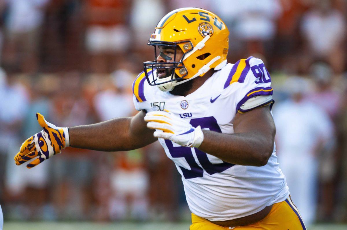 LSU senior defensive linemen Rashard Lawrence (90) during the Tigers' 45-38 victory over Texas on Saturday, Sept. 7, 2019, at Darrell K Royal &#8211; Texas Memorial Stadium.