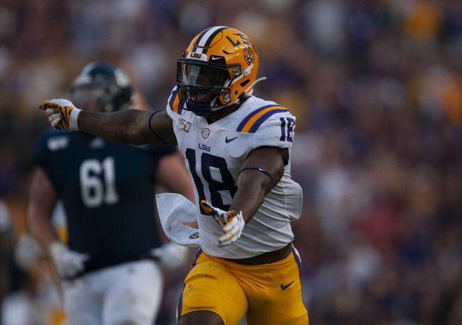 LSU sophomore outside line backer K&#8217;Lavon Chaisson (18) celebrates during the Tigers' 55-3 victory over Georgia Southern on Saturday, Aug. 31, 2019, at Tiger Stadium.