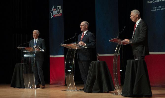 (From left to right) Eddie Rispone, Gov. John Bel Edwards, and Rep. Ralph Abraham all speak during the Gubernatorial debate on Thursday, Sept. 19, 2019, in the LSU Student Union Theater.