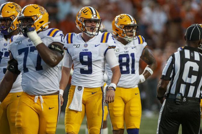 LSU senior quarterback Joe Burrow (9) communicates with players during the Tigers' 45-38 victory over Texas on Saturday, Sept. 7, 2019, at Darrell K Royal&#8211;Texas Memorial Stadium.