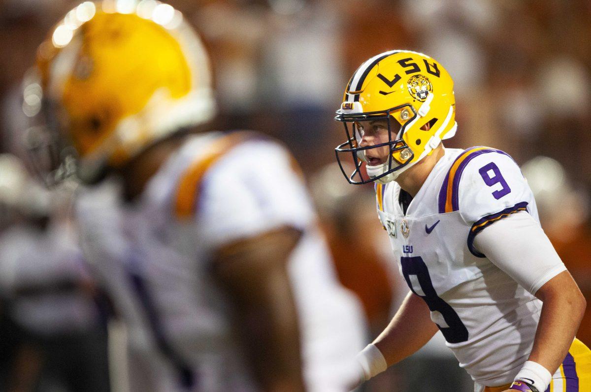 LSU senior quarterback Joe Burrow (9) watches the field during the Tigers' 45-38 victory over Texas on Saturday, Sept. 7, 2019, at Darrell K Royal &#8211; Texas Memorial Stadium.