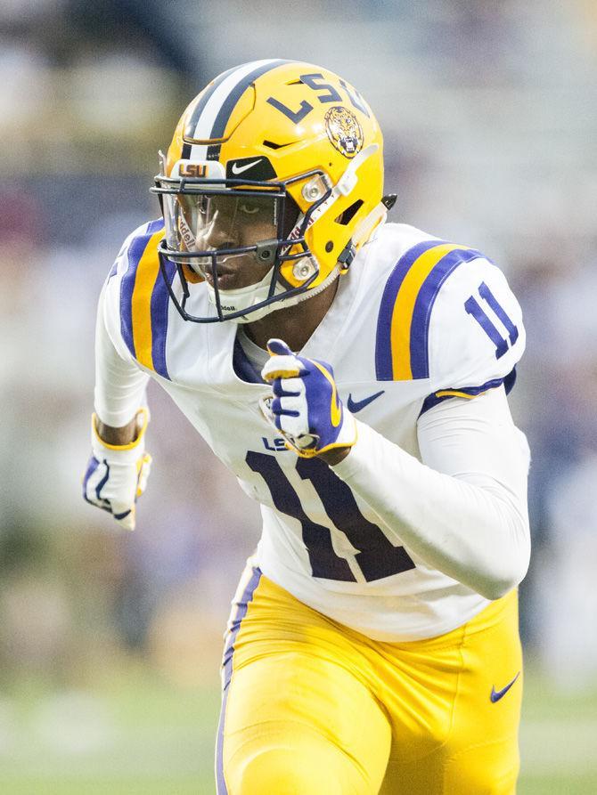 LSU junior wide receiver Dee Anderson (11) runs during the purple team&#8217;s 28-27 victory against the gold team during the Spring Game on Saturday, April 21, 2018, at Tiger Stadium.