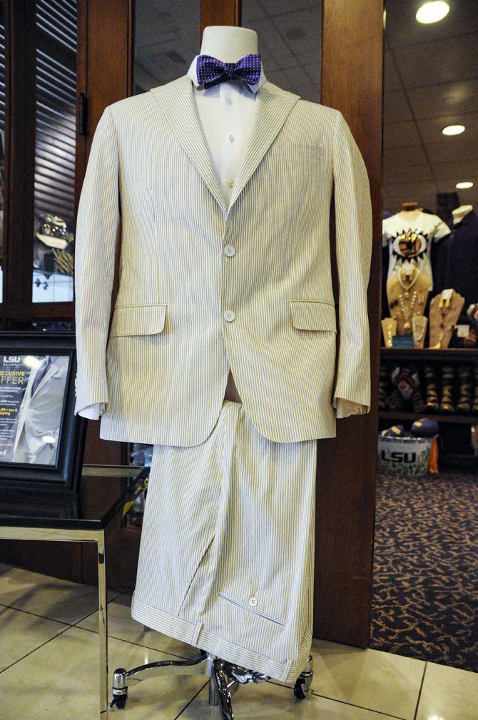 The LSU Seersucker suit is on display in the Lod Cook Hotel lobby on Thursday, Aug. 19, 2019.