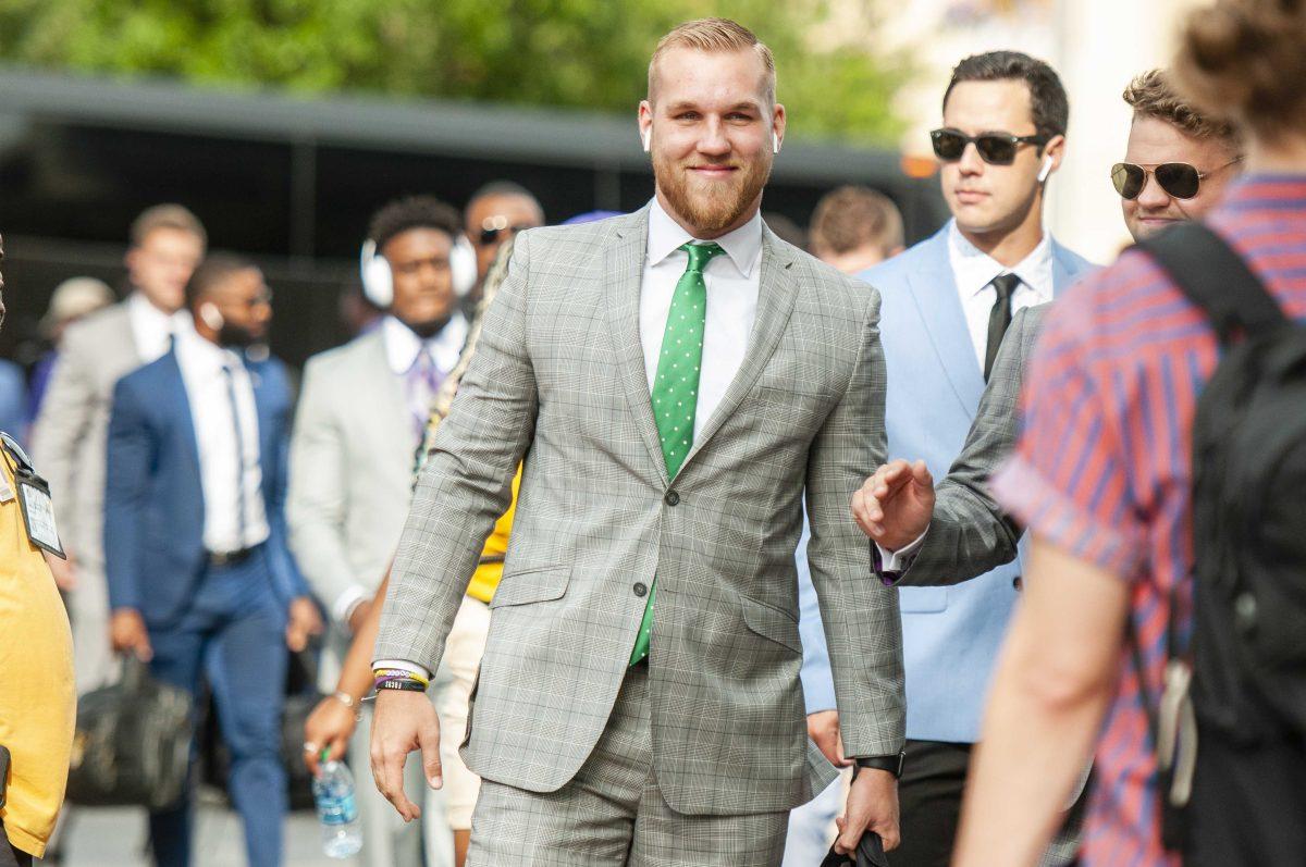 LSU senior deep snapper Blake Ferguson (48) walks down victory hill on Saturday, Sept. 14, 2019.