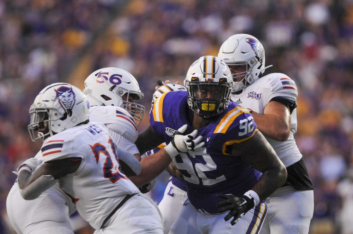 LSU junior defensive end Neil Farrell Jr. (92) in Tiger Stadium on Saturday, Sept. 14, 2019