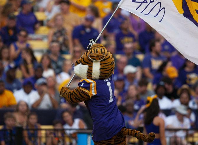 Mike the Tiger shows some spirit during the Tigers' 55-3 victory over Georgia Southern on Saturday, Aug. 31, 2019, at Tiger Stadium.