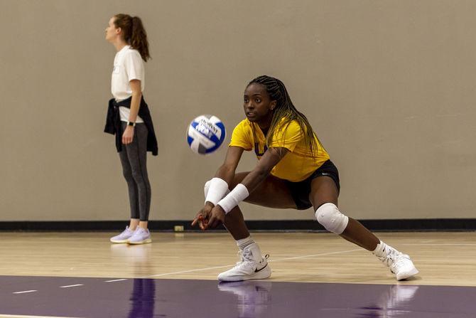 LSU junior right-side Taylor Bannister (7) participates in practice in the LSU Volleyball Practice Facility on Wednesday, Aug. 28, 2019.