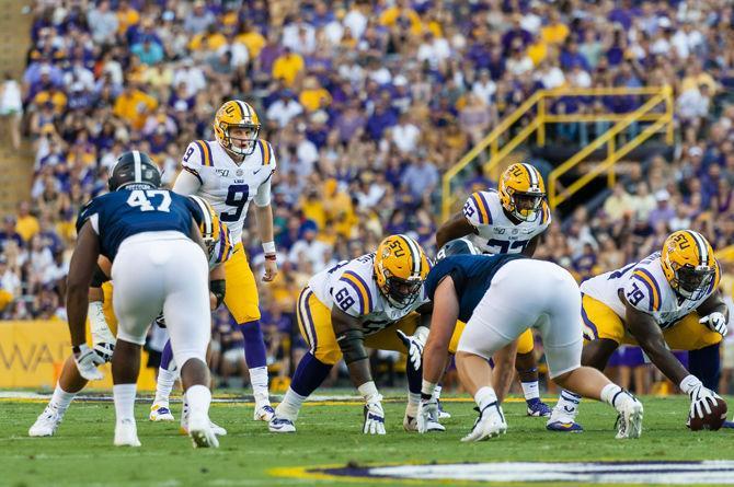 LSU senior quarterback Joe Burrow (9) prepares to take the snap during the Tigers' 55-3 victory over Georgia Southern on Saturday, Aug. 31, 2019, at Tiger Stadium.