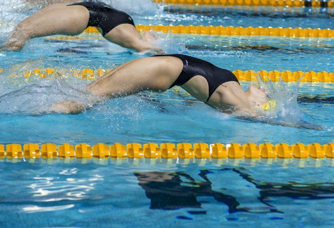 LSU sophomore Ellie Baldwin swims the 200-yard backstroke event during the Tigers' victory in the LSU Natatorium, on Saturday, Jan. 12, 2019.