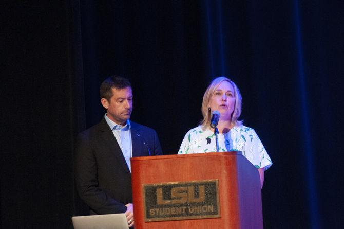 Steve and Rae Ann Gruver speak at the Anti-Hazing event on Tuesday, Sept. 24, 2019, in the Student Union Theater.