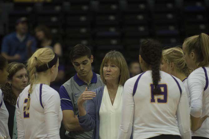 LSU volleyball head coach Fran Flory instructing her team during a timeout during Tiger's (3-0) loss against University of Missouri on Oct. 2, 2016 at the Pete Maravich Assembly Center.