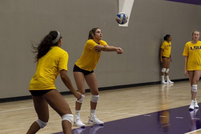 LSU freshman middle blocker Allee Morris (14) participates in practice in the LSU Volleyball Practice Facility on Wednesday, Aug. 28, 2019.