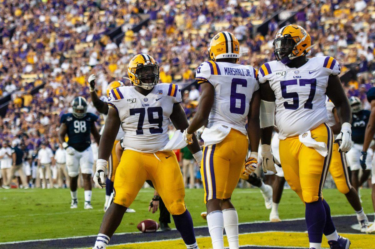 LSU sophomore wide receiver Terrace Marshall Jr. (6) celebrates after a touchdown during the Tigers' 55-3 victory over Georgia Southern on Saturday, Aug. 31, 2019, at Tiger Stadium.