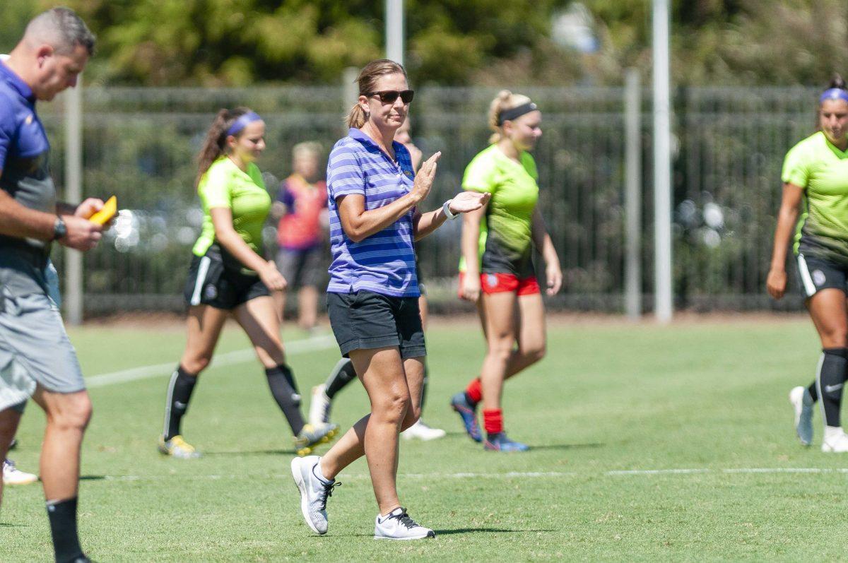 LSU interim head coach Debbie Hensley watches the Lady Tigers' game against James Maddison University on Sunday, Sept. 22, 2019, in the LSU Soccer Complex.