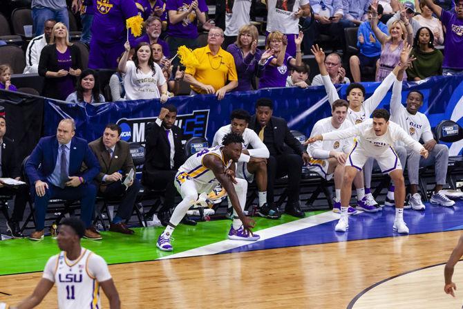 LSU basketball players celebrate during the Tigers' game against Maryland in Jacksonville Veterans Memorial Arena on Saturday, March 23, 2019.