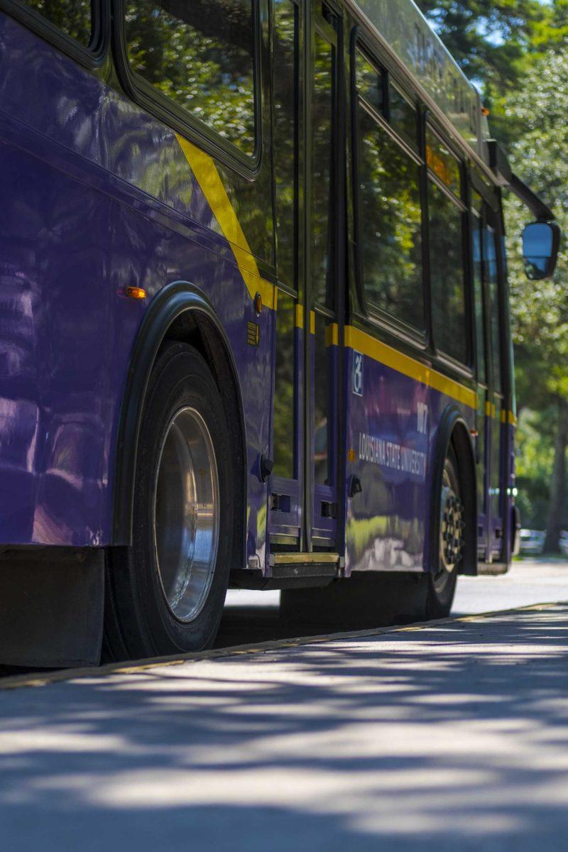 <p>An LSU Tiger Trails bus waits for students to board at Lockett Hall on Wednesday, Sept. 4, 2019.</p>