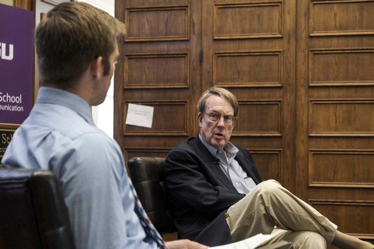 The Reveille Editor-in-Chief Caleb Greene interviews John Walcott on Wednesday, Sept. 25, 2019, at the Journalism Building.