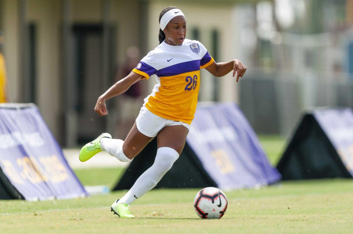 LSU freshman forward Rammie Noel (26) chases down the ball during the Tigers' 1-0 defeat against Arizona State on Saturday, Sept. 15, 2019, in the LSU Soccer Complex.