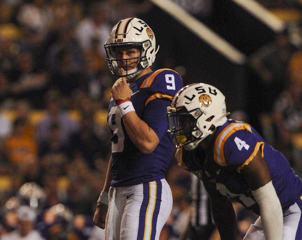 LSU senior quarterback Joe Burrow (9) in Tiger Stadium on Saturday, Sept. 14, 2019