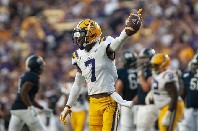 LSU junior safety Grant Delpit (7) celebrates after recovering a fumble during the Tigers' 55-3 victory over Georgia Southern on Saturday, Aug. 31, 2019, at Tiger Stadium.