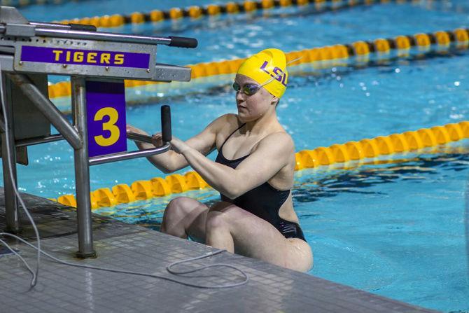 LSU freshman Brittany Thompson swims the 200-yard backstroke event during the Tigers' victory in the LSU Natatorium, on Saturday, Jan. 12, 2019.