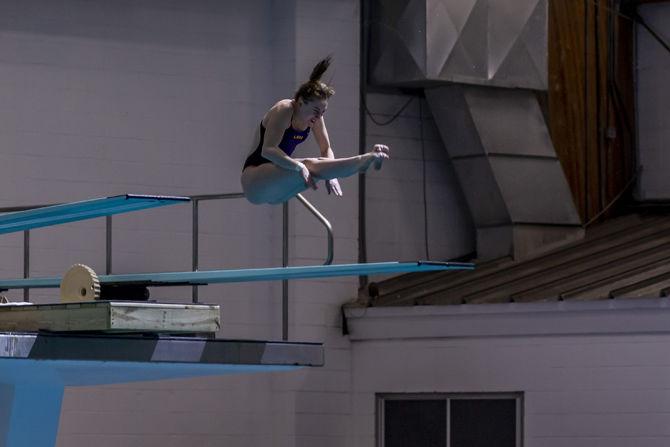 LSU freshman Aimee Wilson performs a dive during the Tigers victory in the LSU Natatorium, on Saturday, Jan. 12, 2019.