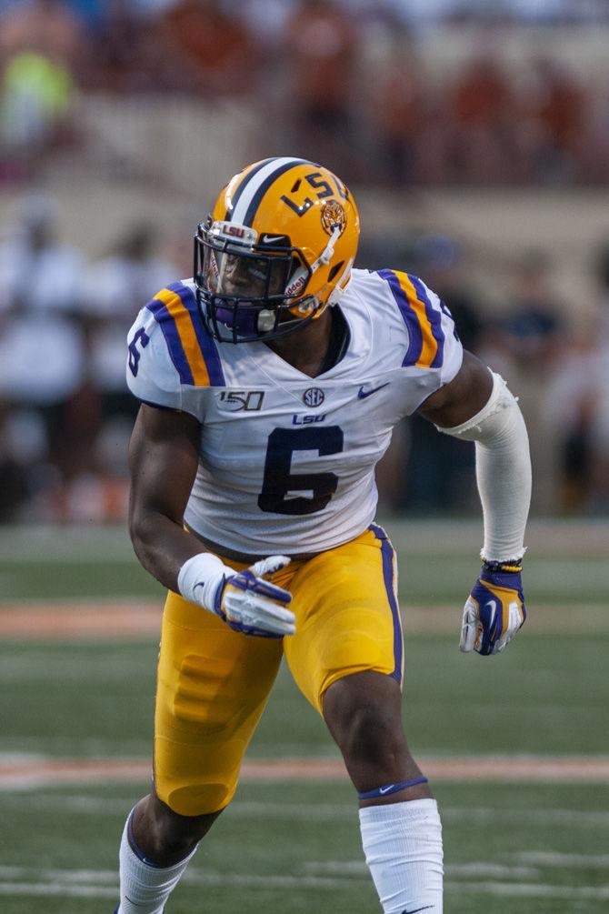 LSU junior linebacker Jacob Phillips (6) lines up for a play during the Tigers' 45-38 victory over Texas on Saturday, Sept. 7, 2019, at Darrell K Royal&#8211;Texas Memorial Stadium.