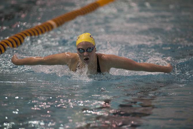 LSU freshman swimmer Nicole Rozier competes in the Girls 200 Yard Butterfly in the Tigers' sweep over Houston, Rice and Tulane on Saturday, Jan. 28, 2017, in the Natatorium.