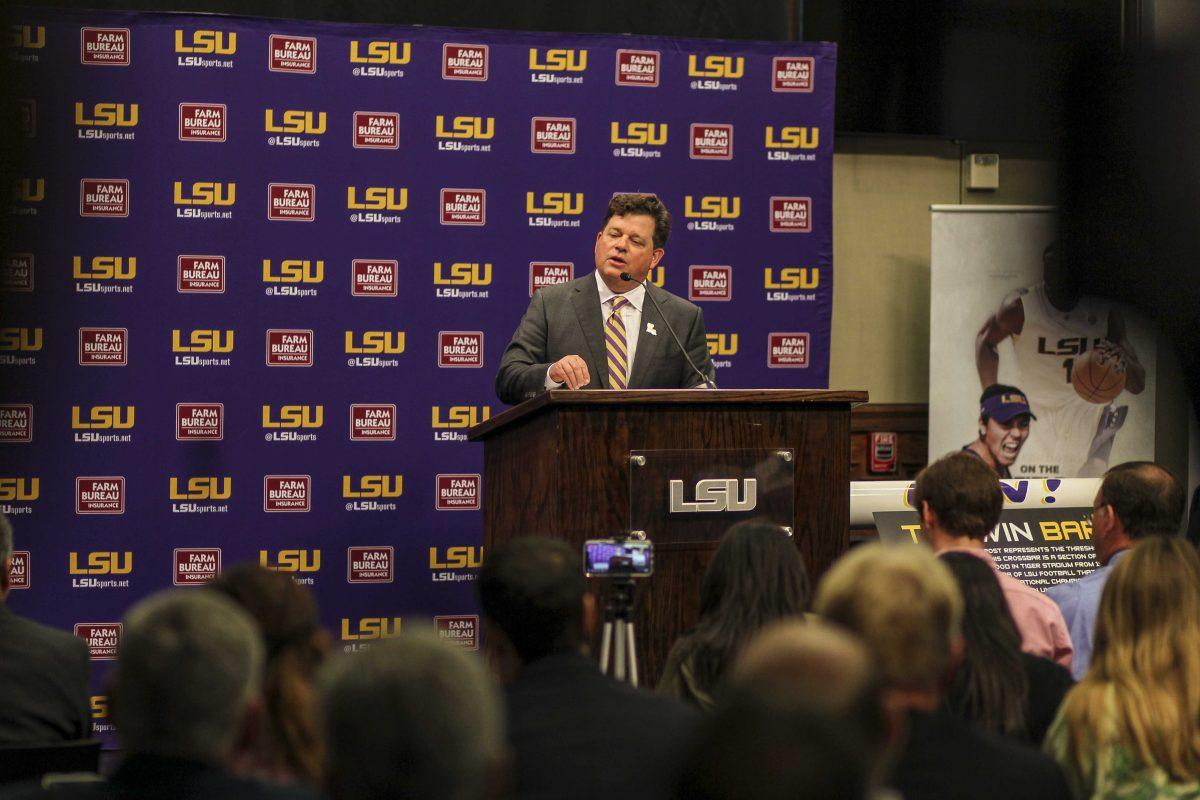 LSU athletic director Scott Woodward holds an introductory press conference in the Journalism Building on Tuesday, April 23, 2019.