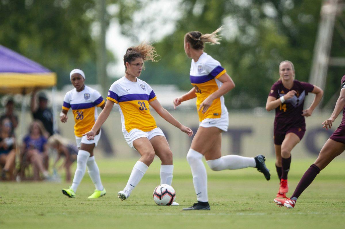 LSU sophomore forward Meghan Johnson (31) passes the ball during the Tigers' 1-0 defeat against Arizona State on Saturday, Sept. 15, 2019, in the LSU Soccer Complex.