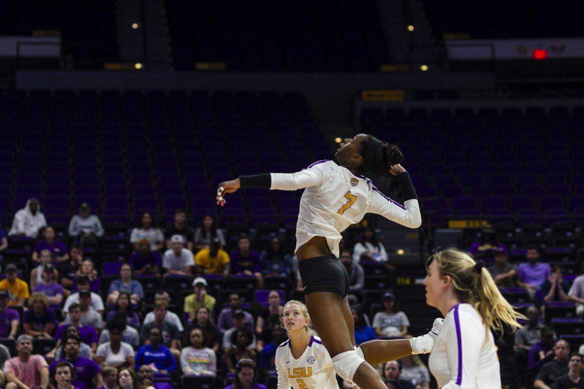 LSU junior outside hitter Taylor Bannister (7) jumps to hit the ball during the Tigers' 3-1 loss to Missouri on Wednesday, Oct. 2, 2019, in the PMAC.