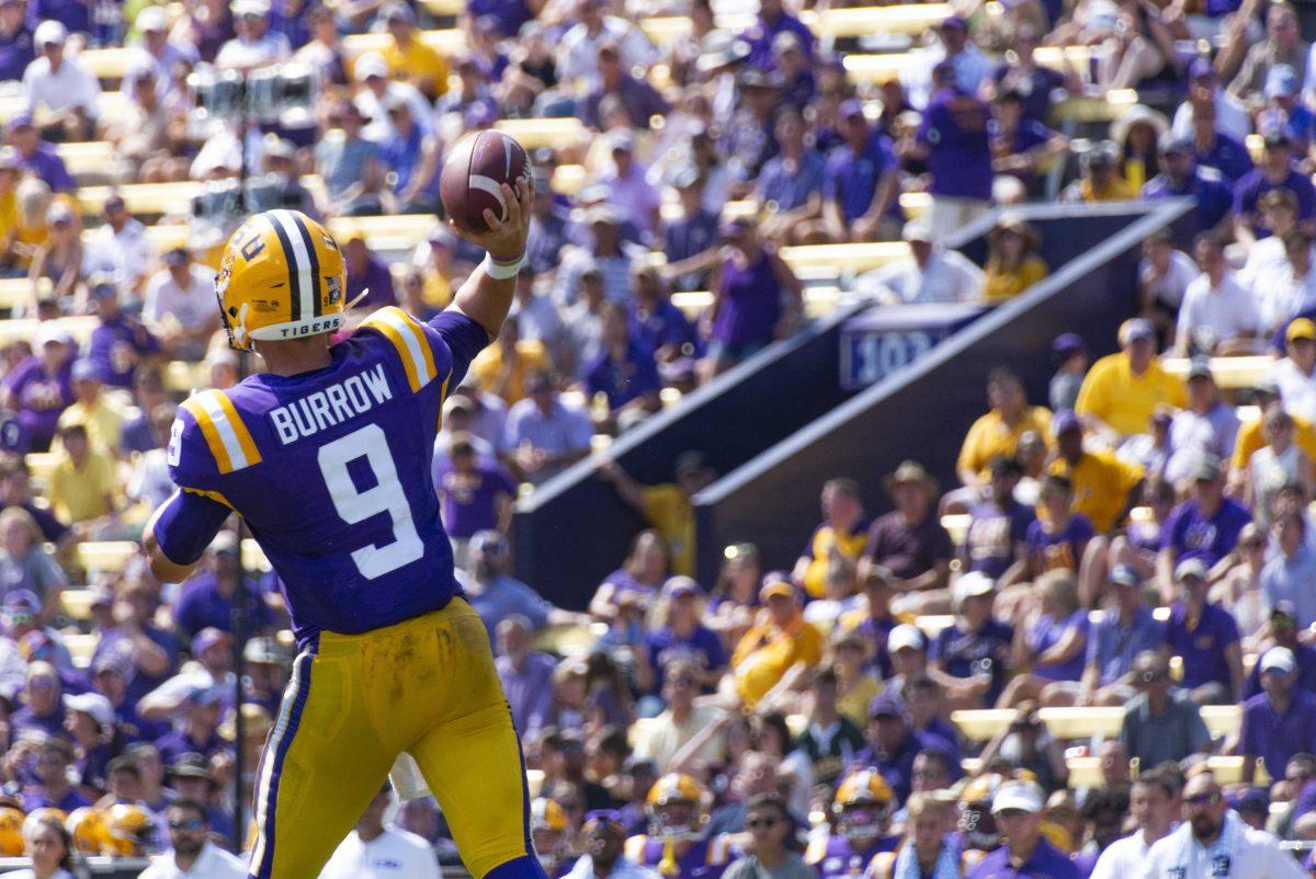 LSU senior quarterback Joe Burrow (9) preparing to throw the ball during the Tigers' 42-6 victory against Utah State on October 5, 2019 at Tiger Stadium.