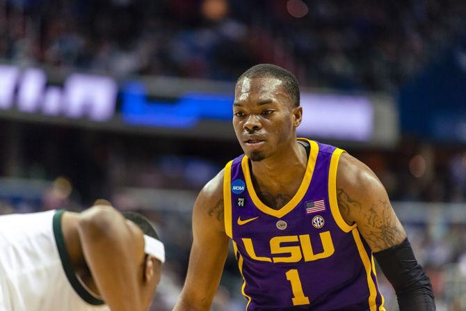 LSU freshman guard Ja'vonte Smart (1) defends the basket during the Tigers' 63-80 loss to Michigan State in the Capital One Arena on Friday, March 29, 2019.