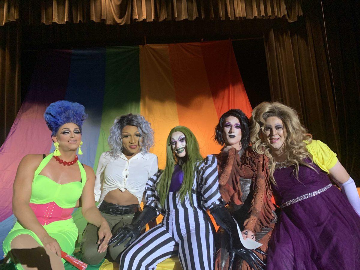 <p><span>Lady D. Andrews, Millie Meringue, Andy Black, Santana Pilar Andrews and Brianna Powers smile after performing in Divas' Live 4: A Drag Show on Oct. 24, 2019.</span></p>