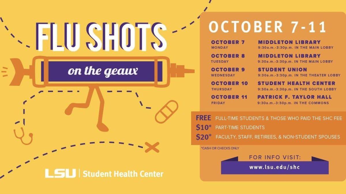 The LSU Student Health Center will offer free flu shots for full-time students from Oct 7-11, 2019.