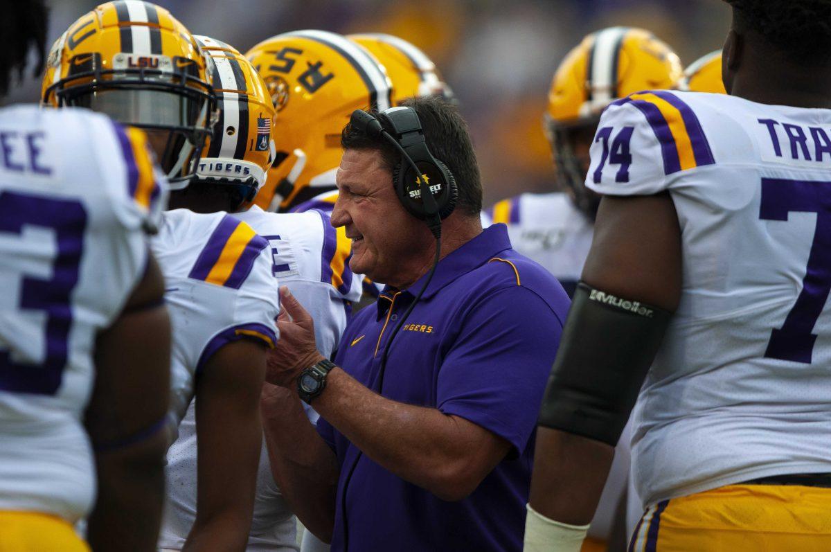 Coach Ed Orgeron encourages his team during the Tigers&#8217; 23-20 victory over Auburn on Saturday, Oct. 26, 2019, in Tiger Stadium.