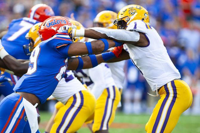 LSU freshman wide receiver Ja'Marr Chase (1) makes a block during the Tigers&#8217; 27-19 loss against the University of Florida on Saturday, Sept. 2018 in Ben Hill Griffin Stadium.