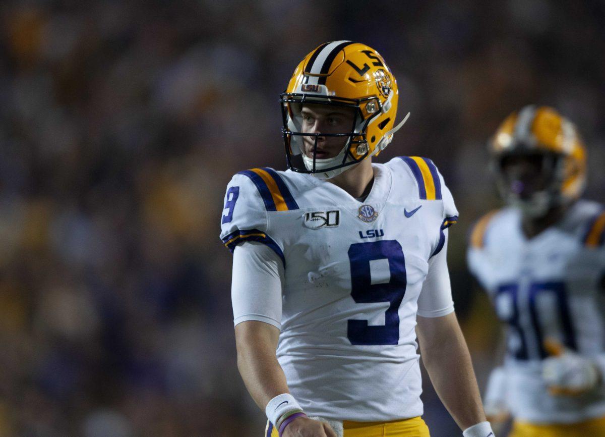 LSU senior quarterback Joe Burrow (9) watches a play during the Tigers' 42-28 victory over Florida on Saturday, Oct. 12, 2019.