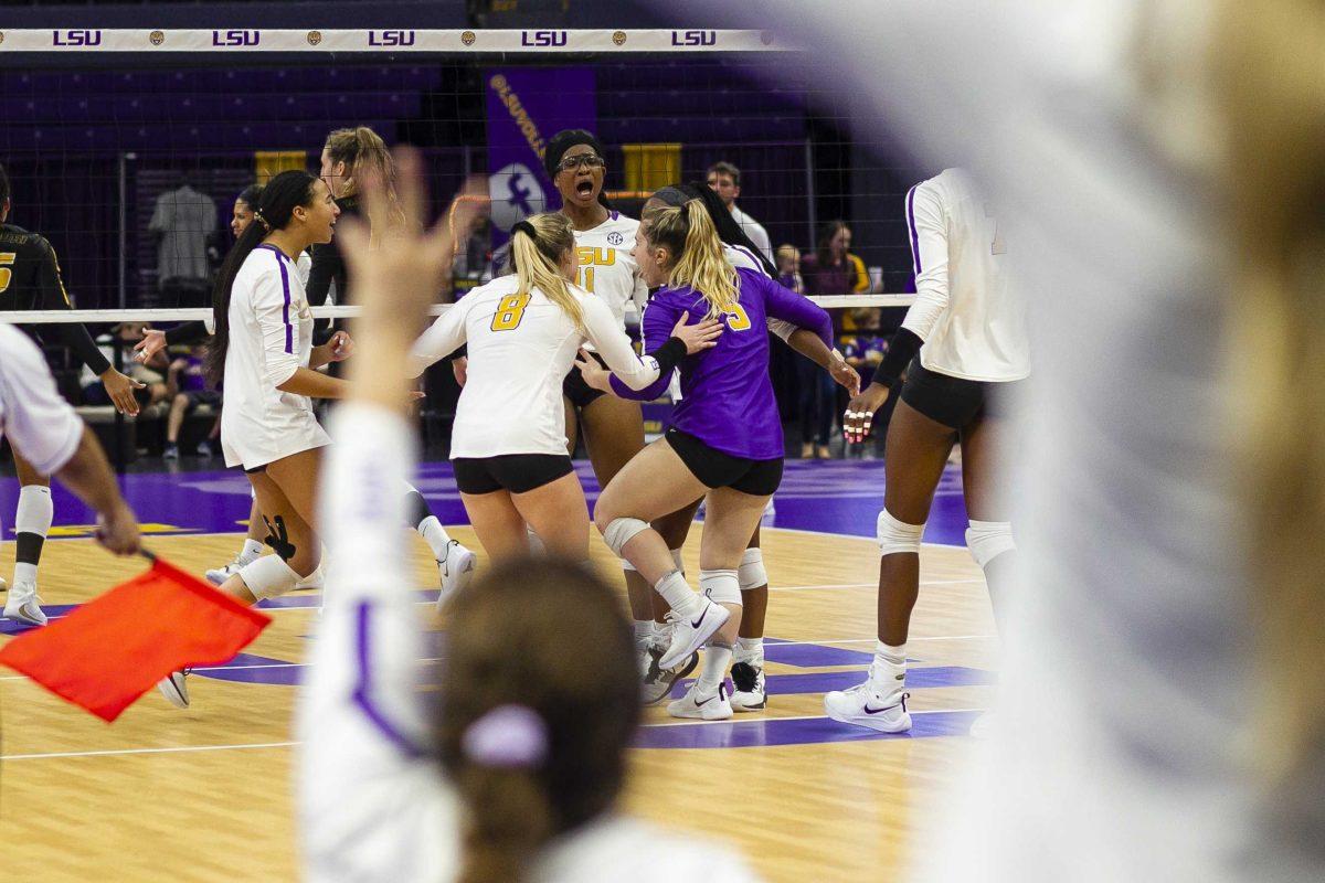 LSU volleyball players celebrate during the Tigers' 3-1 loss to Missouri on Wednesday, Oct. 2, 2019, in the PMAC.&#160;