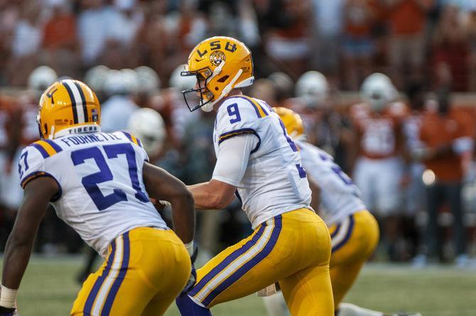 LSU senior quarterback Joe Burrow (9) passes the ball during the Tigers' 45-38 victory over Texas on Saturday, Sept. 7, 2019, at Darrell K Royal&#8211;Texas Memorial Stadium.